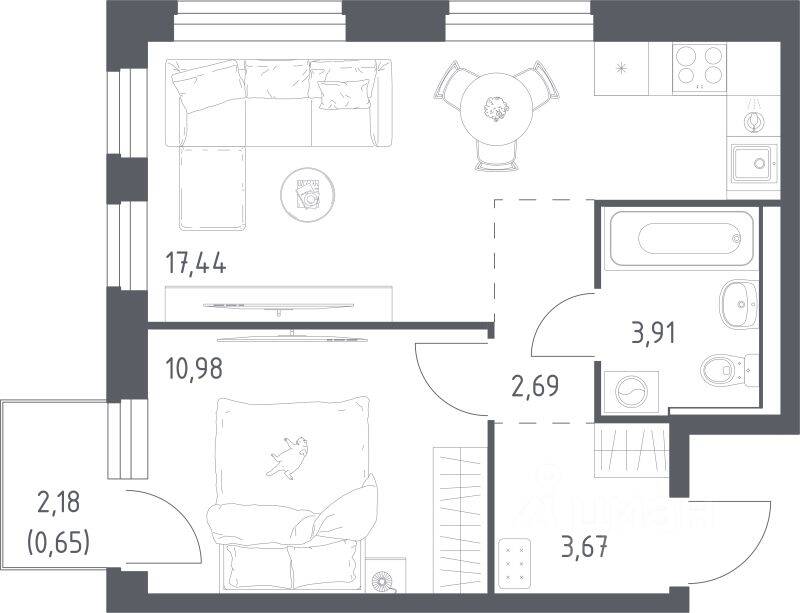 1-комн. квартира, 39,34 м², в ЖК Рублевский Квартал