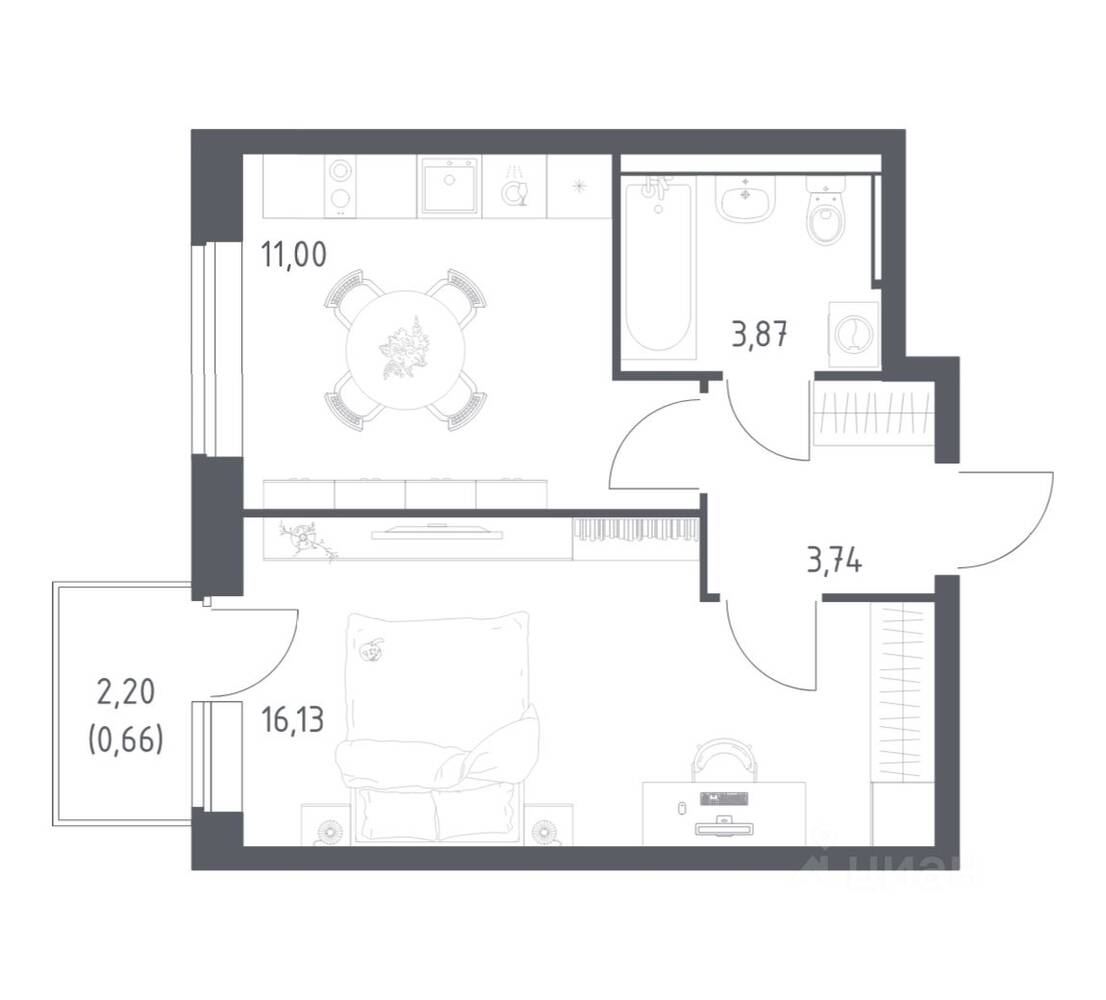 1-комн. квартира, 35,4 м², в ЖК «Пригород Лесное»