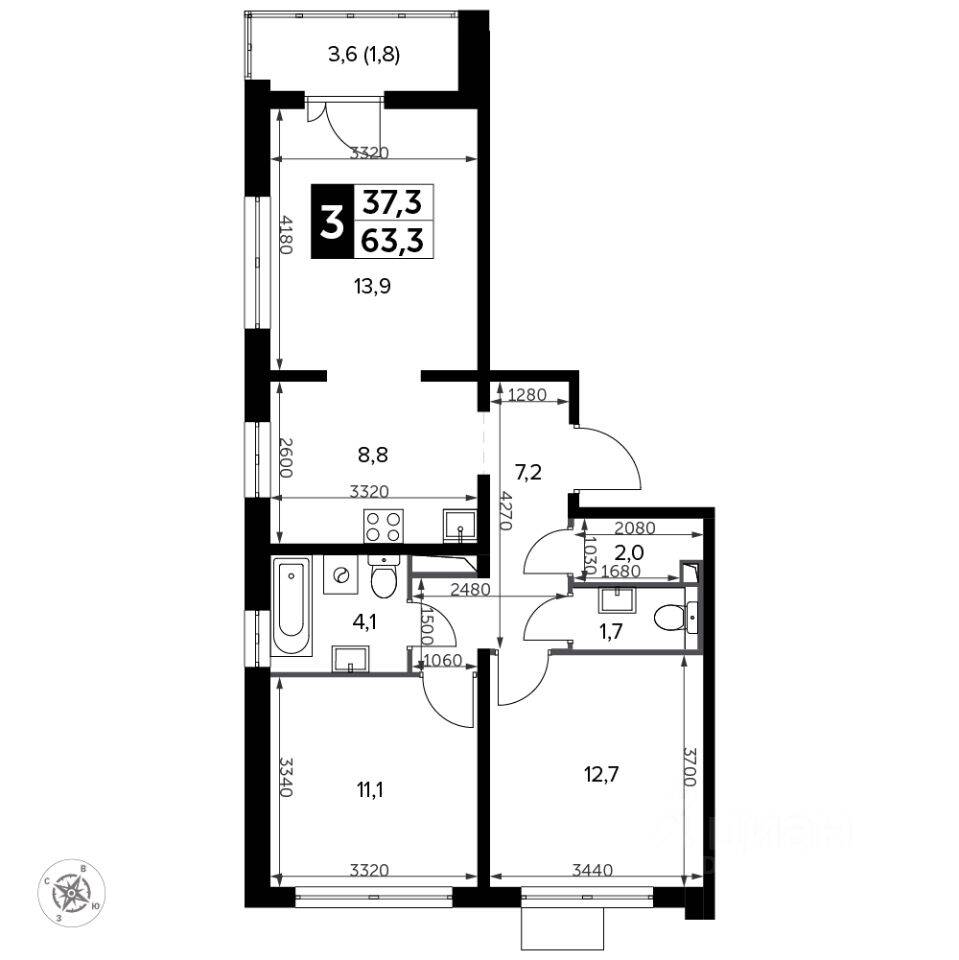 3-комн. квартира, 63,3 м², в ЖК «Южная Битца»