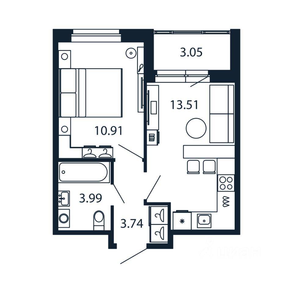 1-комн. квартира, 33,68 м², в ЖК Полис Новоселье