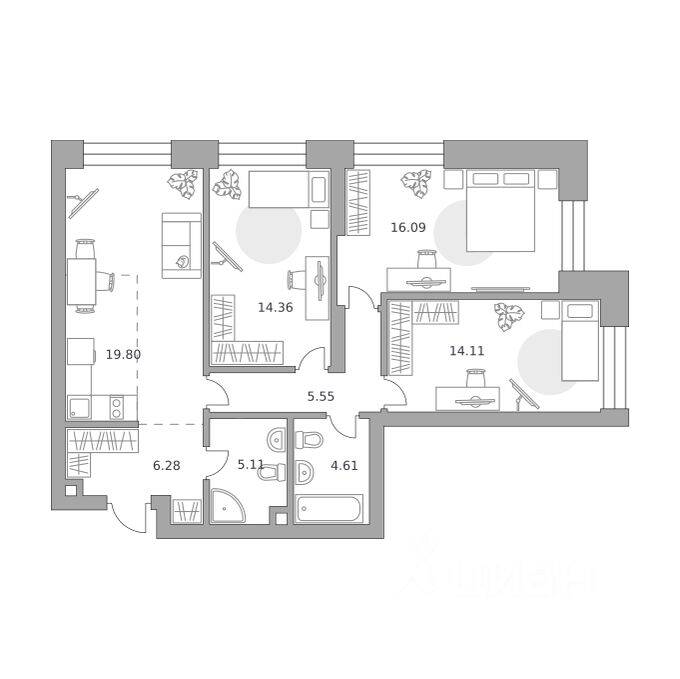 3-комн. квартира, 85,91 м², в МФК «Павелецкая от Гранель»