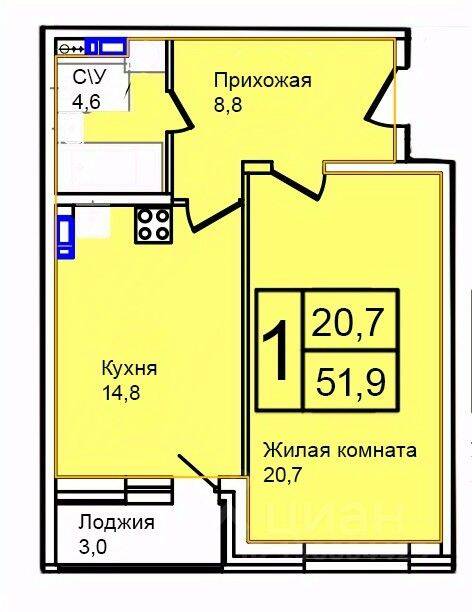 Планировка 1 комнатной квартиры, 51.9 м², в «Троицкий»