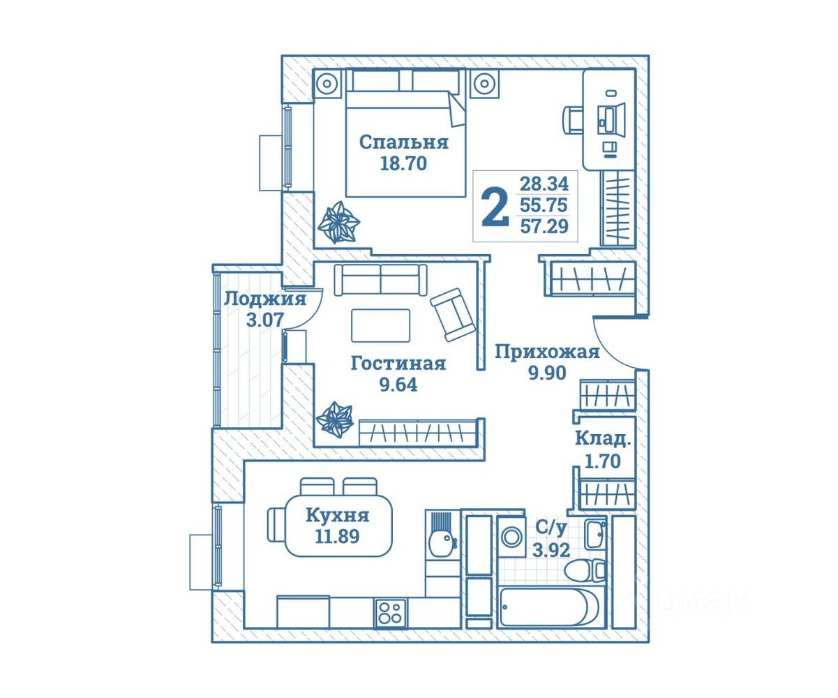 2-комн. квартира, 57,29 м², в ЖК Новоград Монино