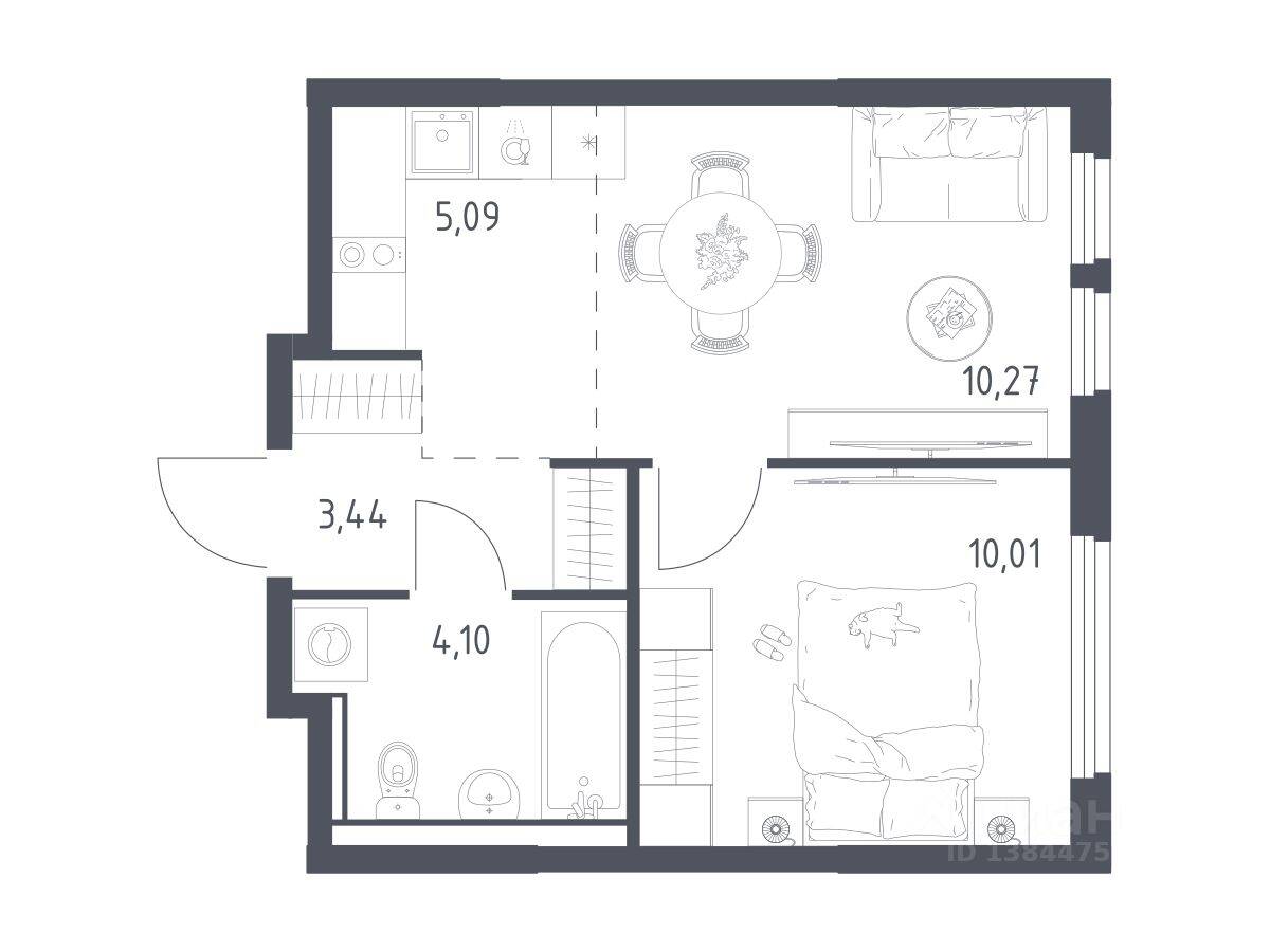1-комн. квартира, 32,91 м², в ЖК «Пригород Лесное»