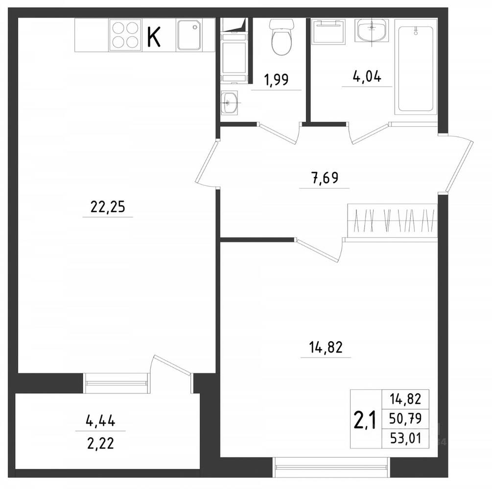 1-комн. квартира, 53,01 м², в ЖК Новикола