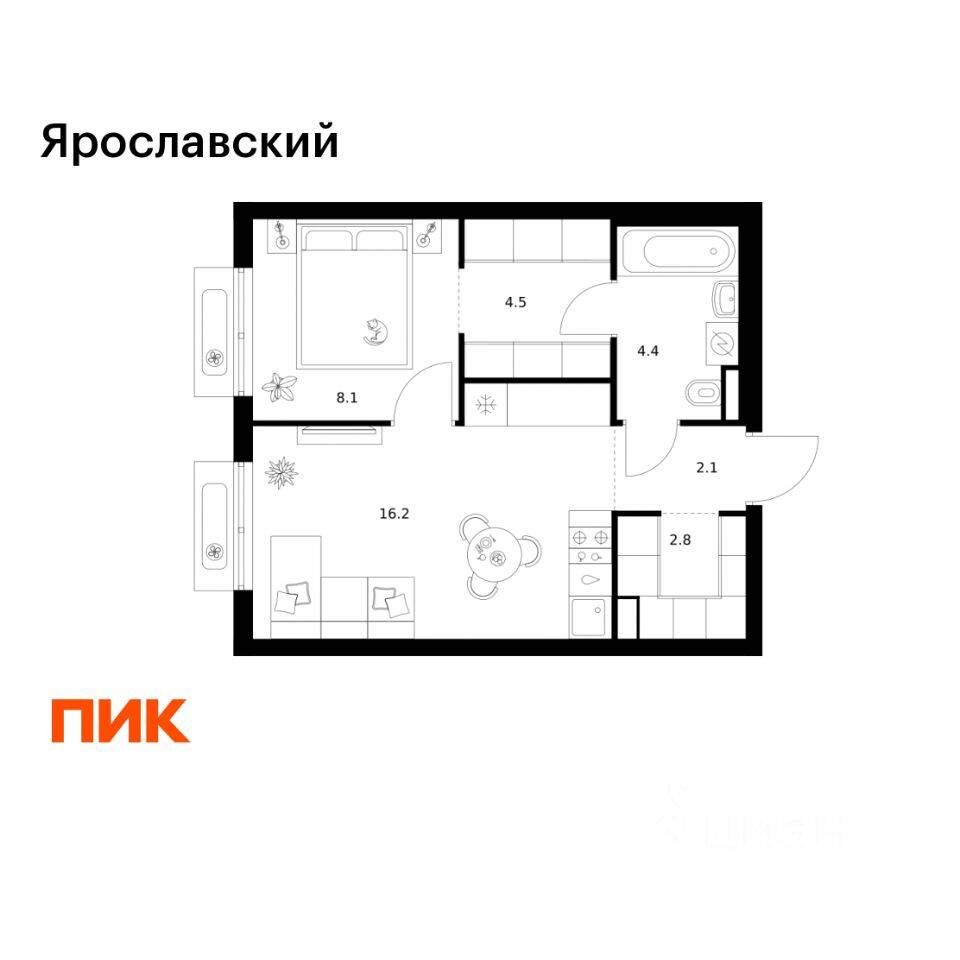 1-комн. квартира, 38,1 м², в ЖК «Ярославский»