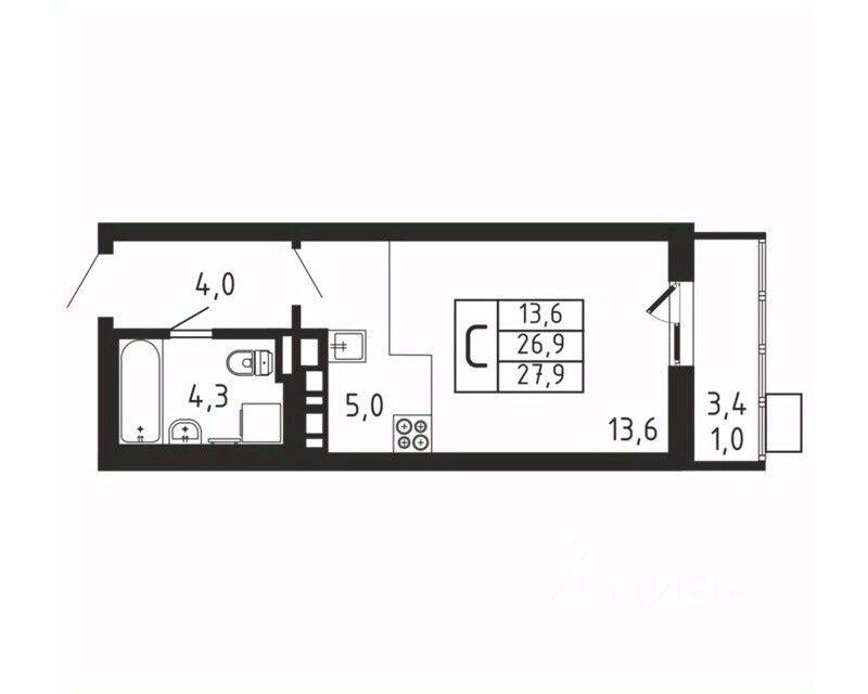 Квартира-студия, 27,9 м², в ЖК «Пироговская Ривьера»
