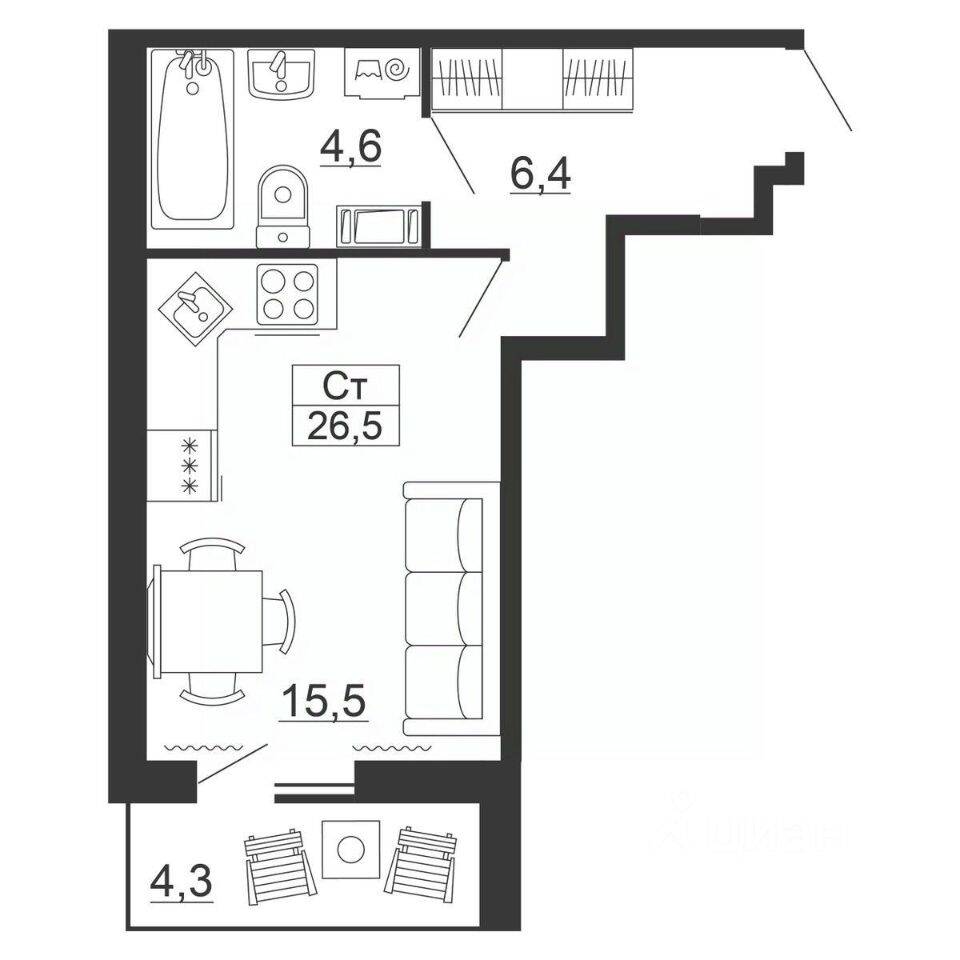 Квартира-студия, 26,5 м², в ЖК Рубеж