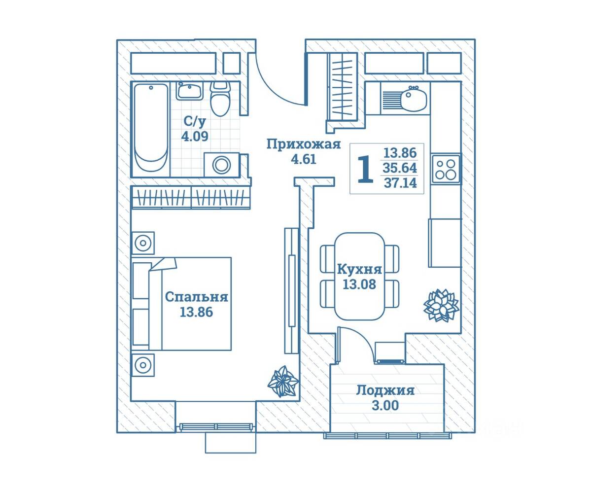 1-комн. квартира, 37,14 м², в ЖК Новоград Монино