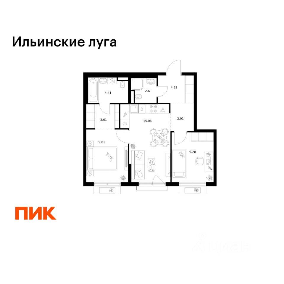 2-комн. квартира, 51,98 м², в ЖК «Ильинские луга»