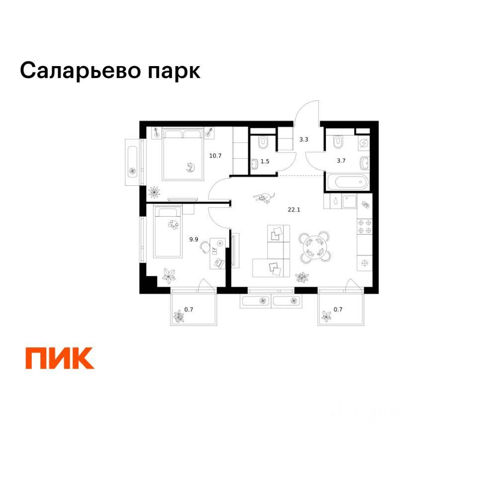 2-комн. квартира, 52,6 м², в ЖК «Саларьево парк»