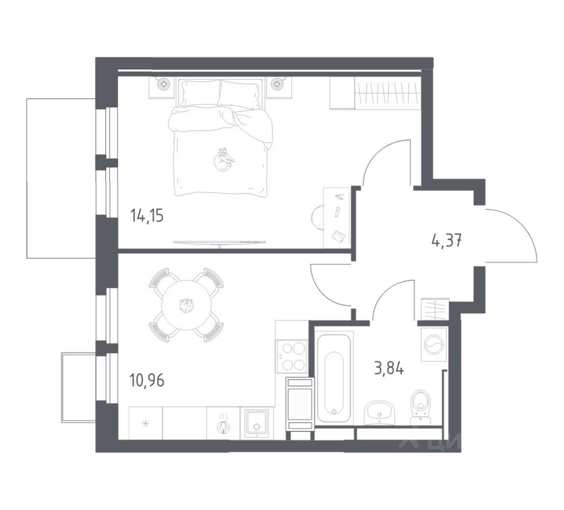 Планировка 1 комнатной квартиры, 33.32 м², в «Большое Путилково»