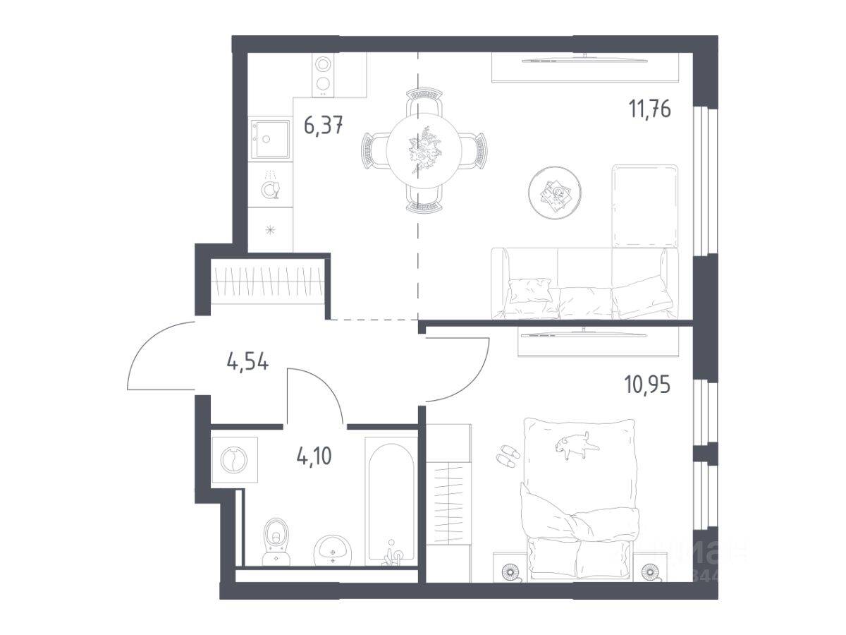 1-комн. квартира, 37,72 м², в ЖК «Пригород Лесное»