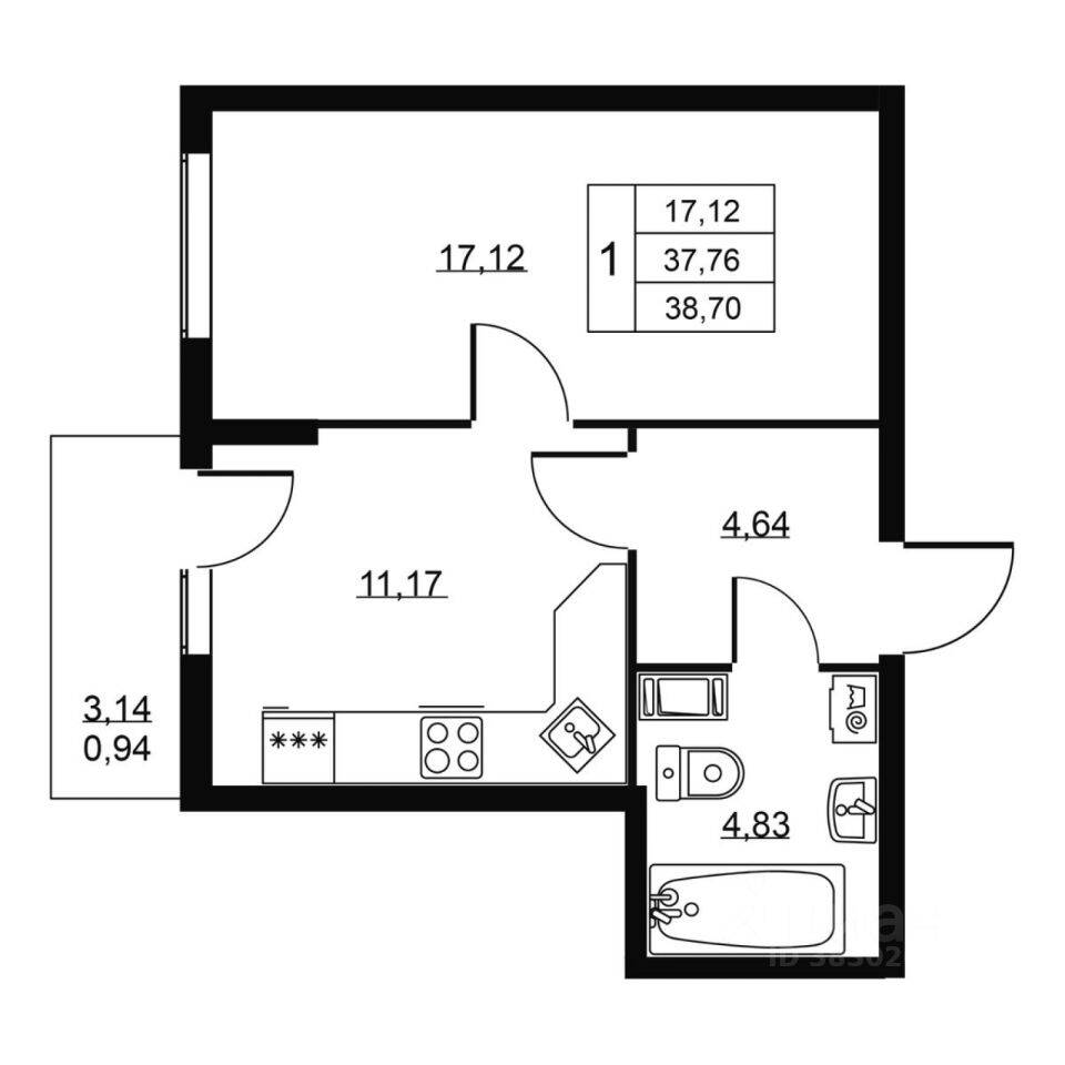 1-комн. квартира, 38,7 м², в ЖК Перспектива