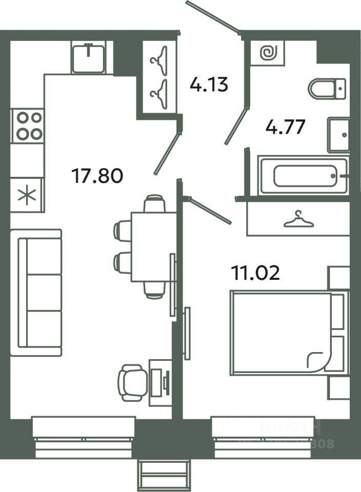 1-комн. квартира, 37,72 м², в ЖК Загляденье