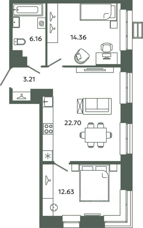 2-комн. квартира, 59,06 м², в ЖК Загляденье