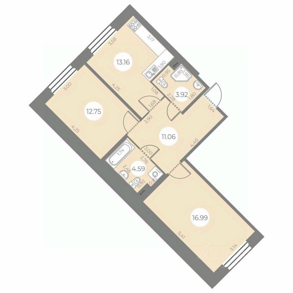 Планировка 2 комнатной квартиры, 62.47 м², в «Огни Залива»