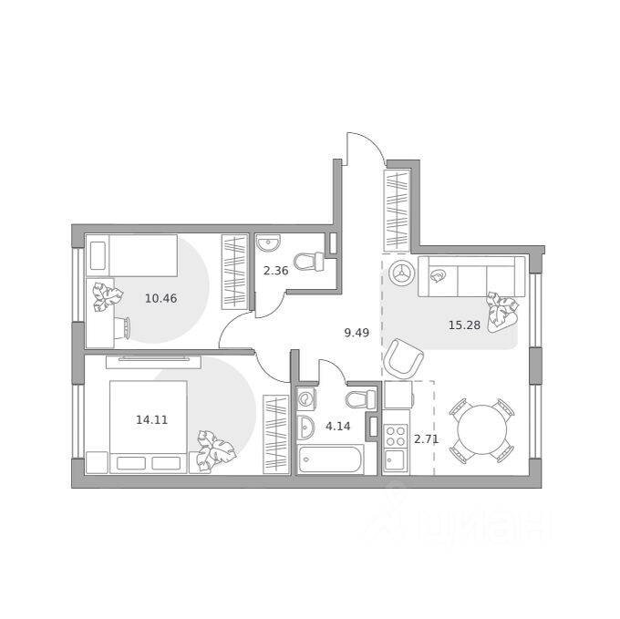 3-комн. квартира, 58,55 м², в ЖК Аникеевский