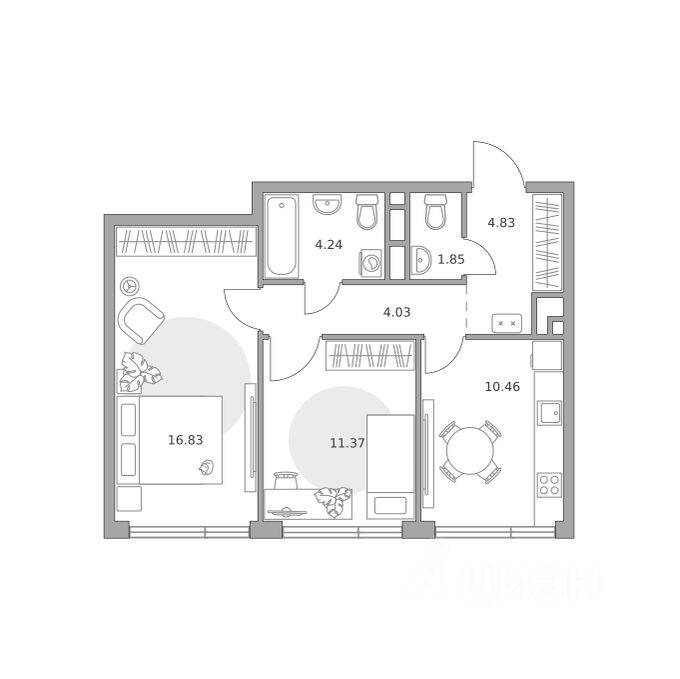 2-комн. квартира, 53,61 м², в ЖК «Нижегородская от Гранель»