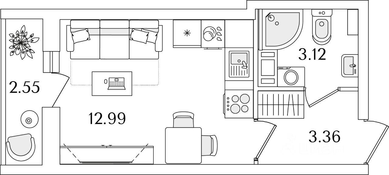 Планировка 1 комнатной квартиры, 20.75 м², в «Кинопарк»