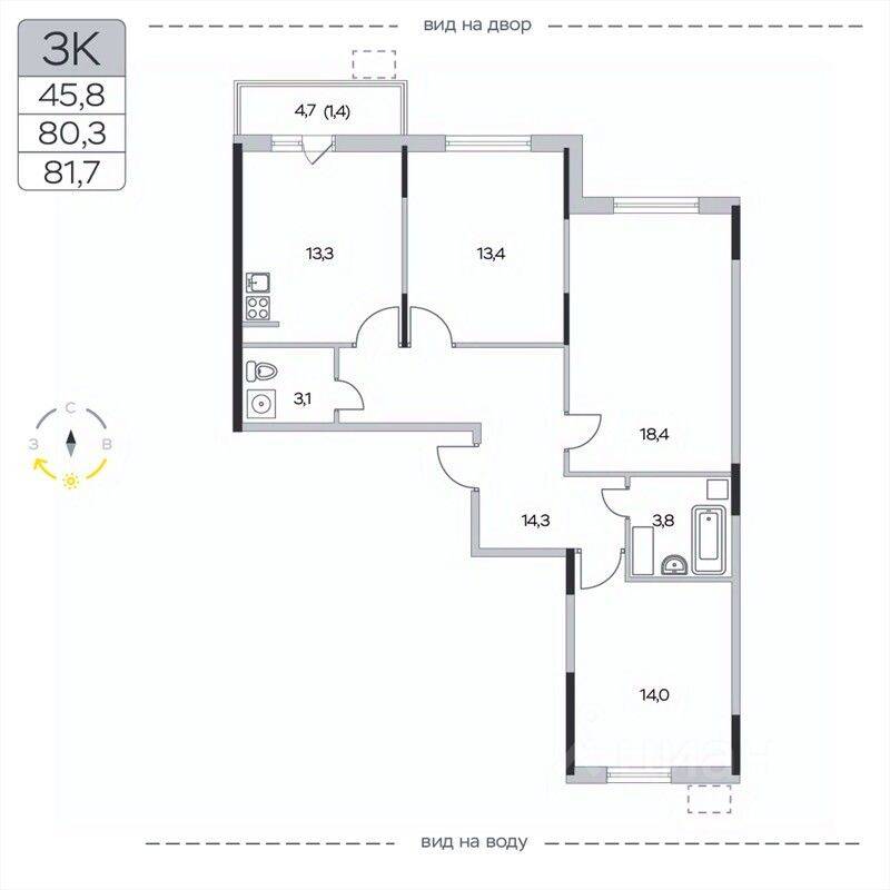 3-комн. квартира, 81,7 м², в ЖК «Пироговская Ривьера»