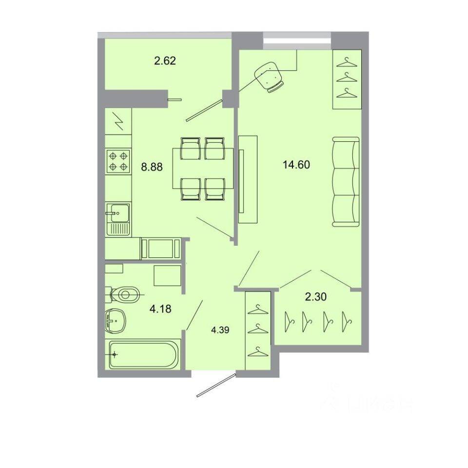 1-комн. квартира, 34,8 м², в ЖК Стороны света
