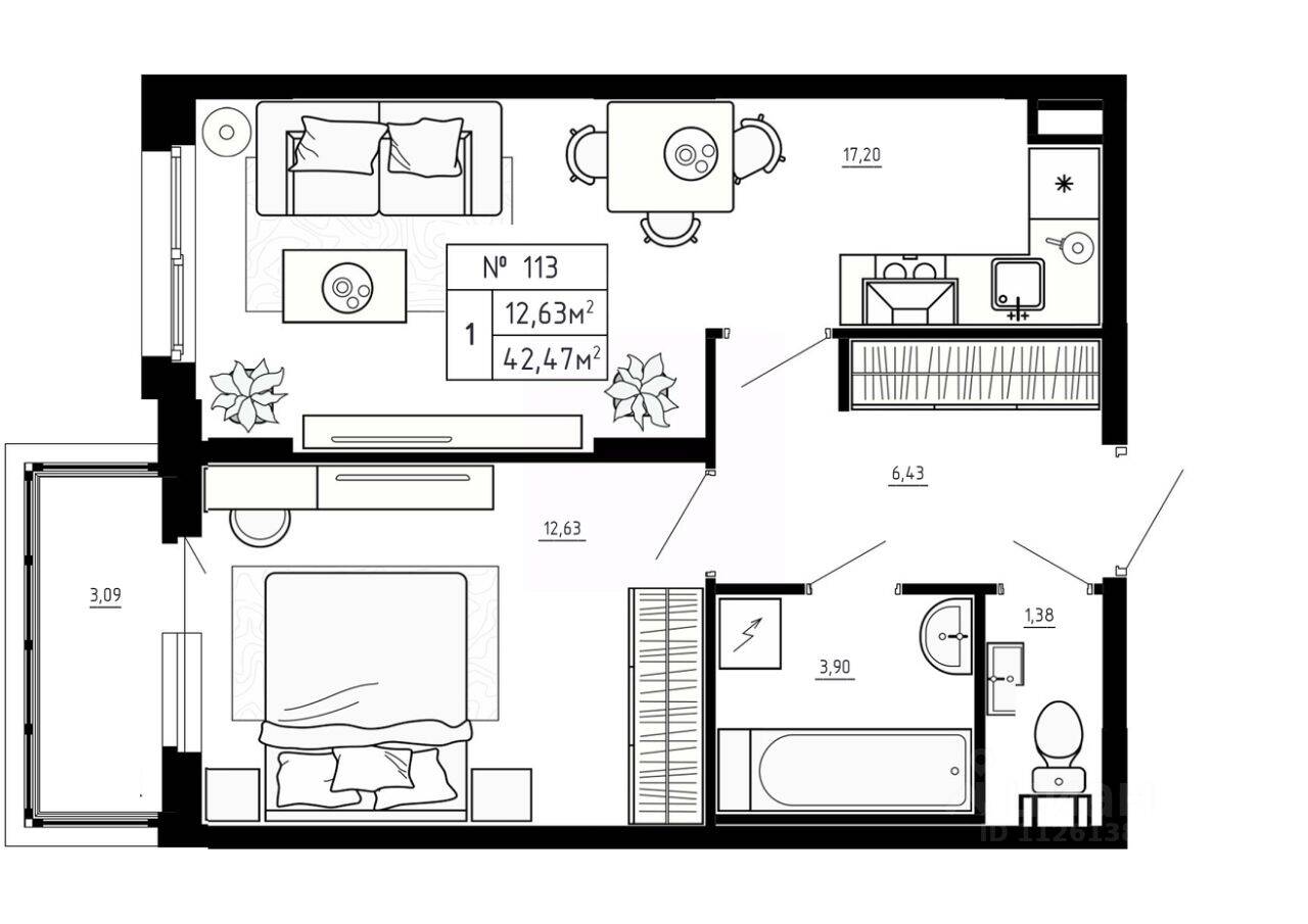 1-комн. квартира, 42,47 м², в Малоэтажный ЖК Аннино Сити