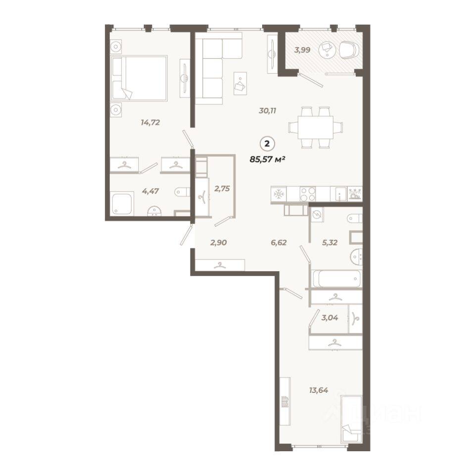 2-комн. квартира, 85,58 м², в ЖК «Знатный»