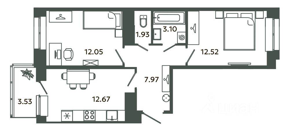 2-комн. квартира, 50,24 м², в ЖК Загляденье