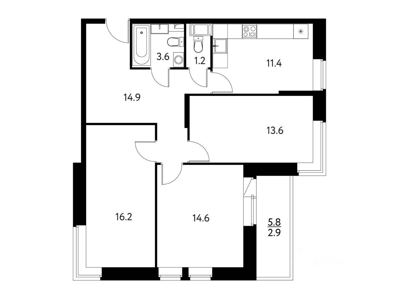 Планировка 3 комнатной квартиры, 78.4 м², в «Солнечный парк»