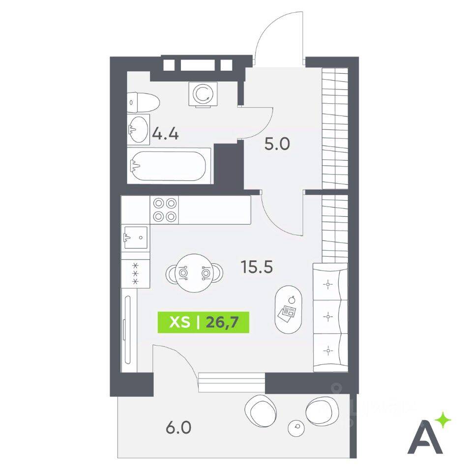 Планировка 1 комнатной квартиры, 26.7 м², в «Аквилон All in 3.0»