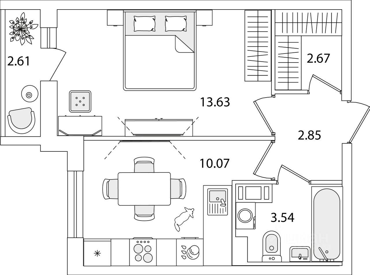 1-комн. квартира, 34,07 м², в ЖК Кинопарк