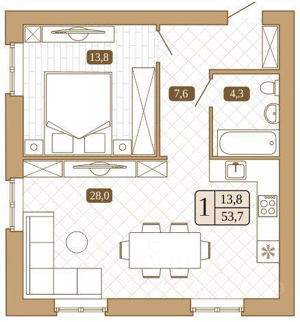 Планировка 1 комнатной квартиры, 53.7 м², в «Белый город (Сергиев Посад)»