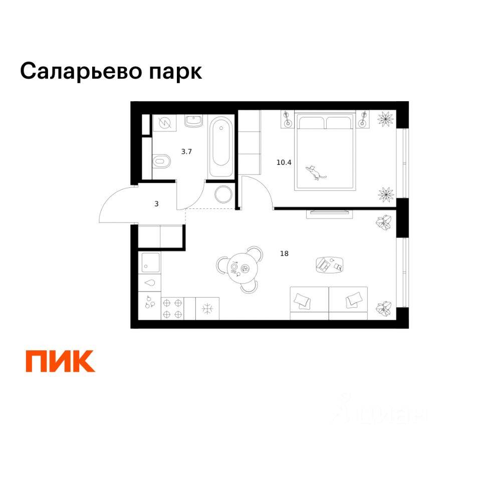 1-комн. квартира, 35,1 м², в ЖК «Саларьево парк»