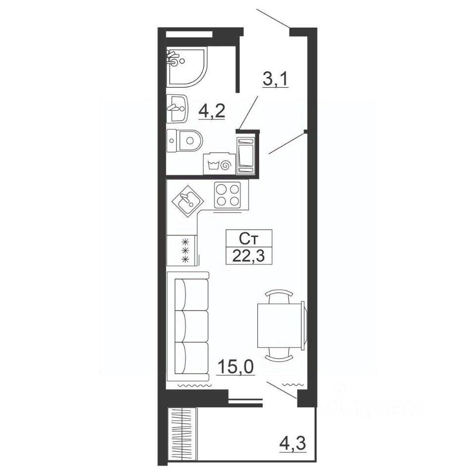 Планировка 1 комнатной квартиры, 22.3 м², в «Рубеж»