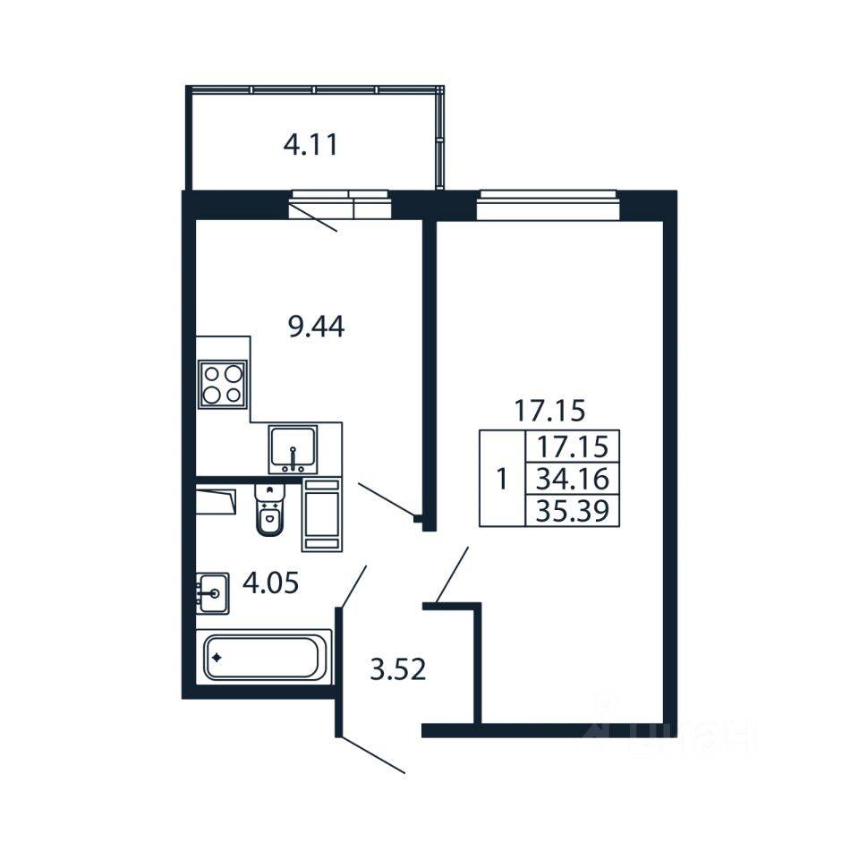 1-комн. квартира, 34,83 м², в ЖК Полис ЛАВрики