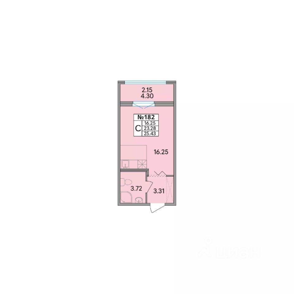 Планировка 1 комнатной квартиры, 25.43 м², в «Рождественский квартал»