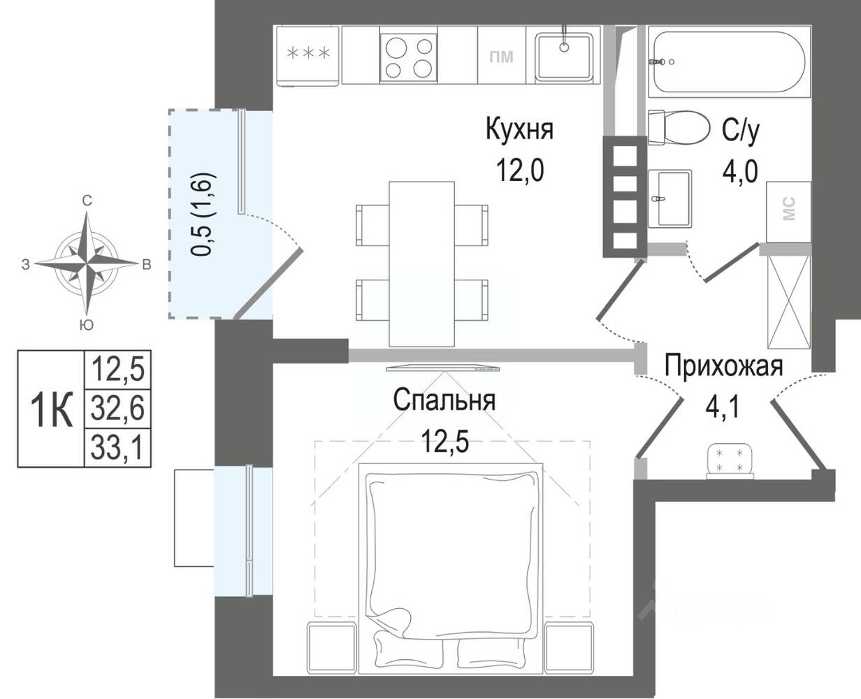 Планировка 1 комнатной квартиры, 32.6 м², в «Киноквартал»
