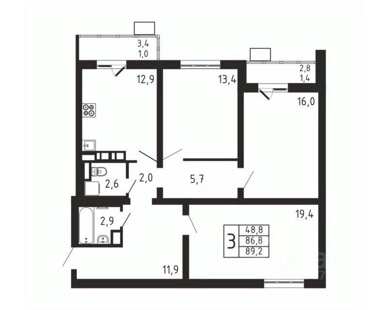 3-комн. квартира, 89,2 м², в ЖК «Пироговская Ривьера»