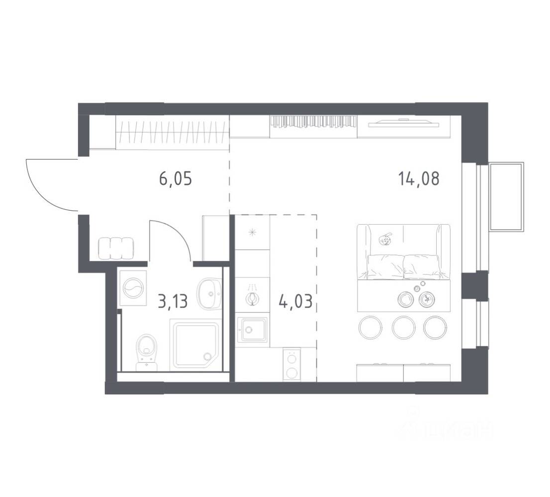 Планировка 1 комнатной квартиры, 27.29 м², в «Егорово Парк»