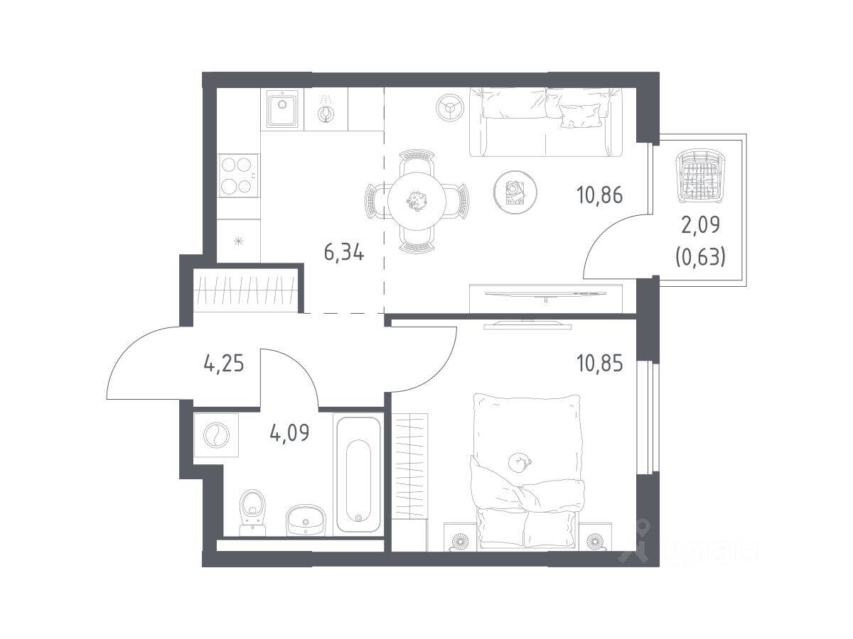 1-комн. квартира, 37,02 м², в ЖК Горки Парк