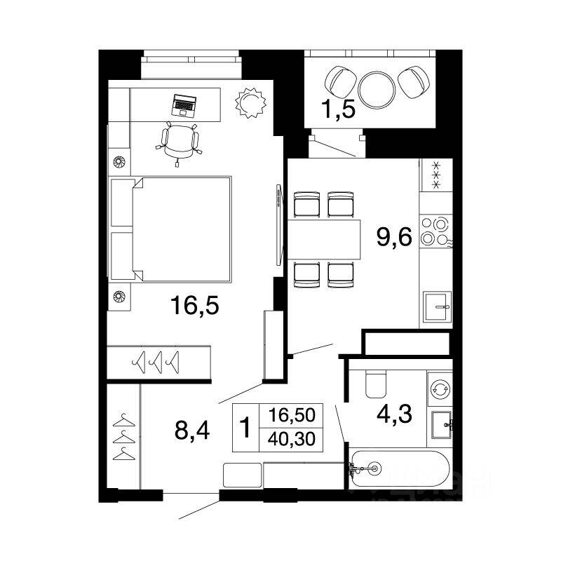 Планировка 1 комнатной квартиры, 40.3 м², в «Времена года»