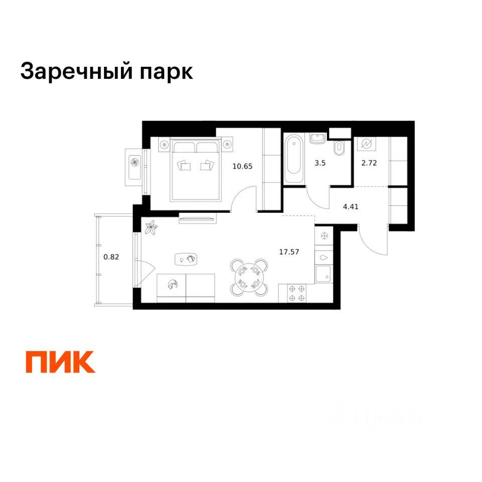 1-комн. квартира, 39,67 м², в ЖК Заречный парк