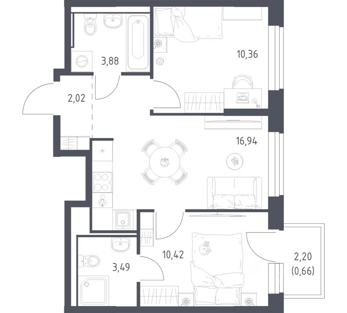2-комн. квартира, 47,77 м², в ЖК Квартал Ивакино