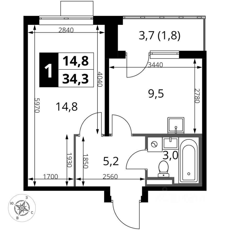 1-комн. квартира, 34,3 м², в ЖК 1-й Донской