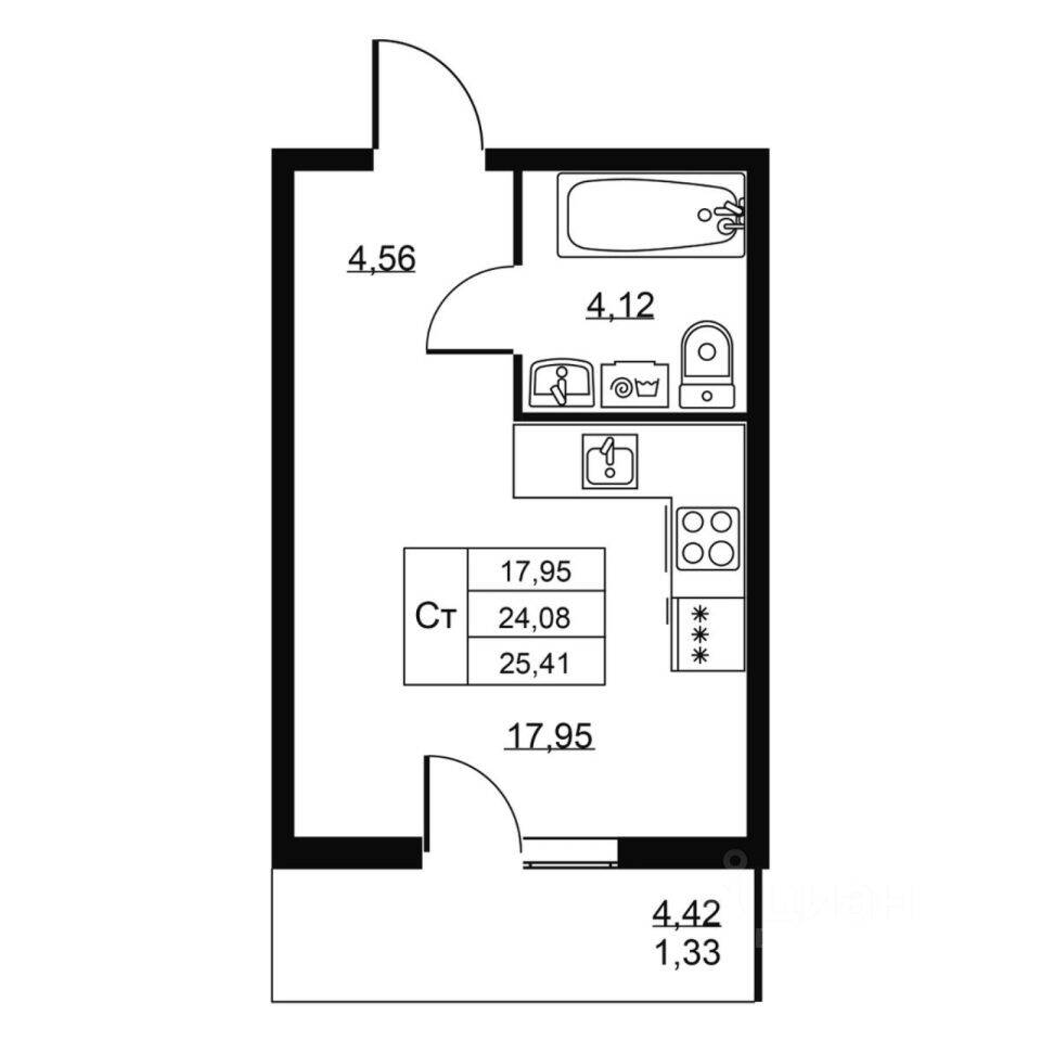 Квартира-студия, 25,41 м², в ЖК Перспектива