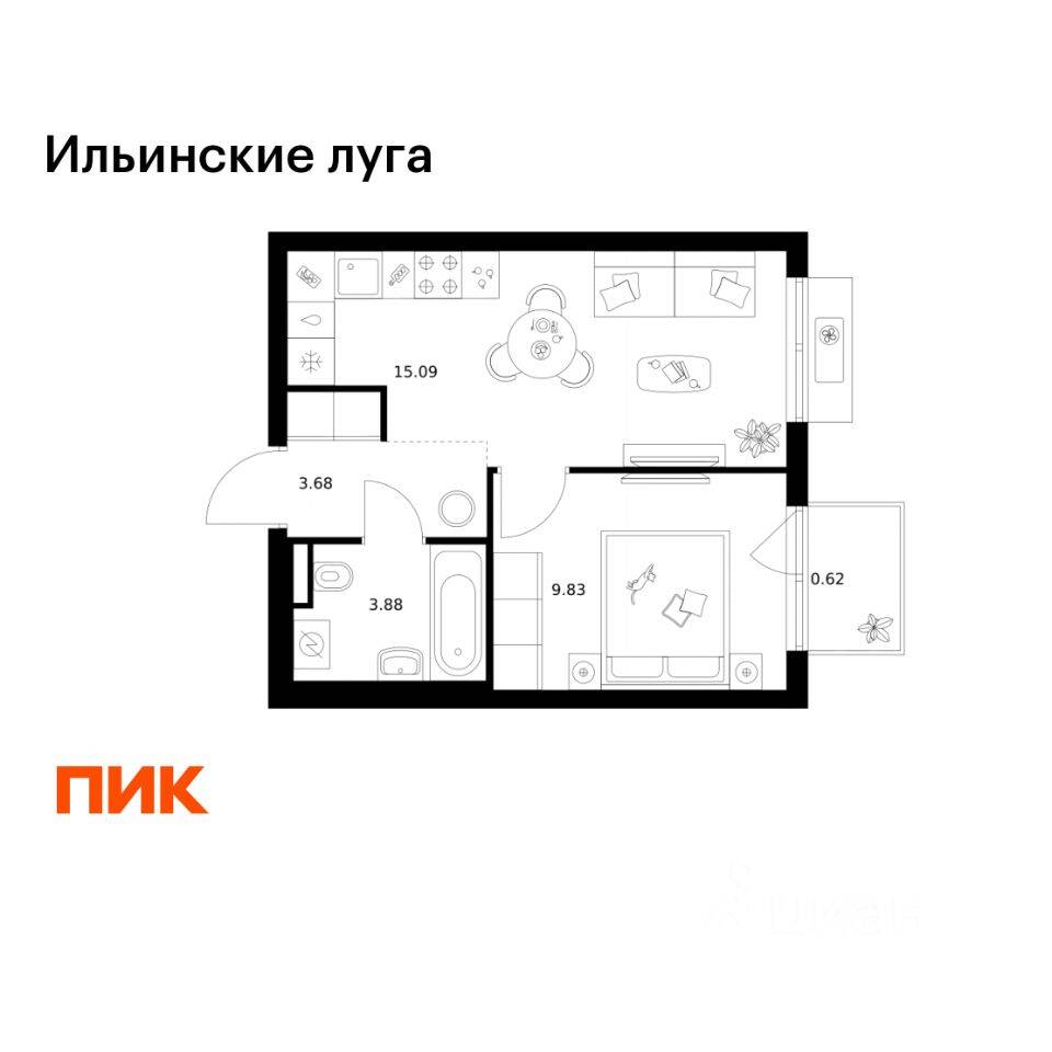 1-комн. квартира, 33,1 м², в ЖК «Ильинские луга»