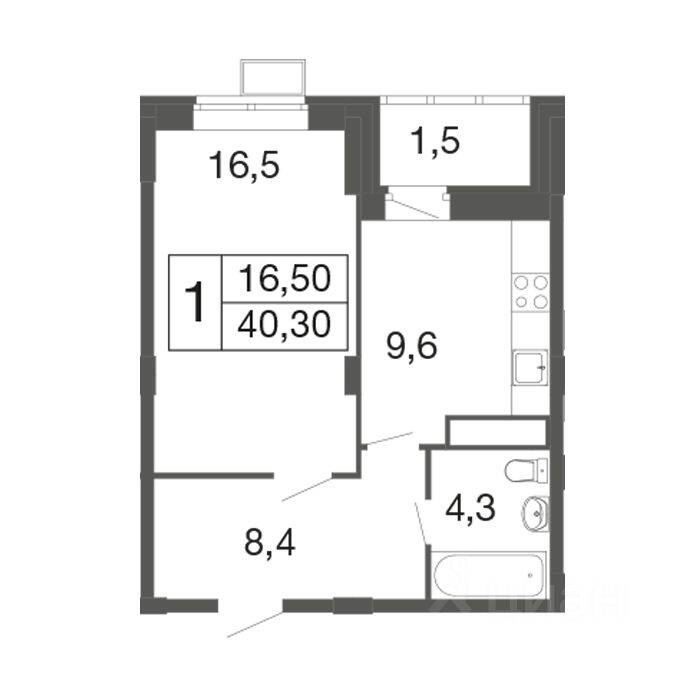 1-комн. квартира, 40,3 м², в ЖК «Времена года»