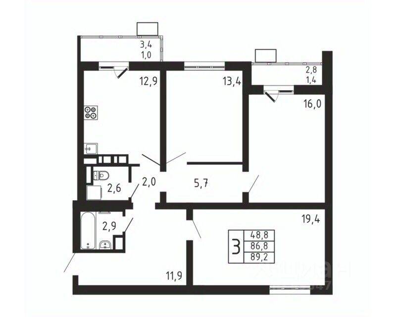 3-комн. квартира, 89,2 м², в ЖК «Пироговская Ривьера»