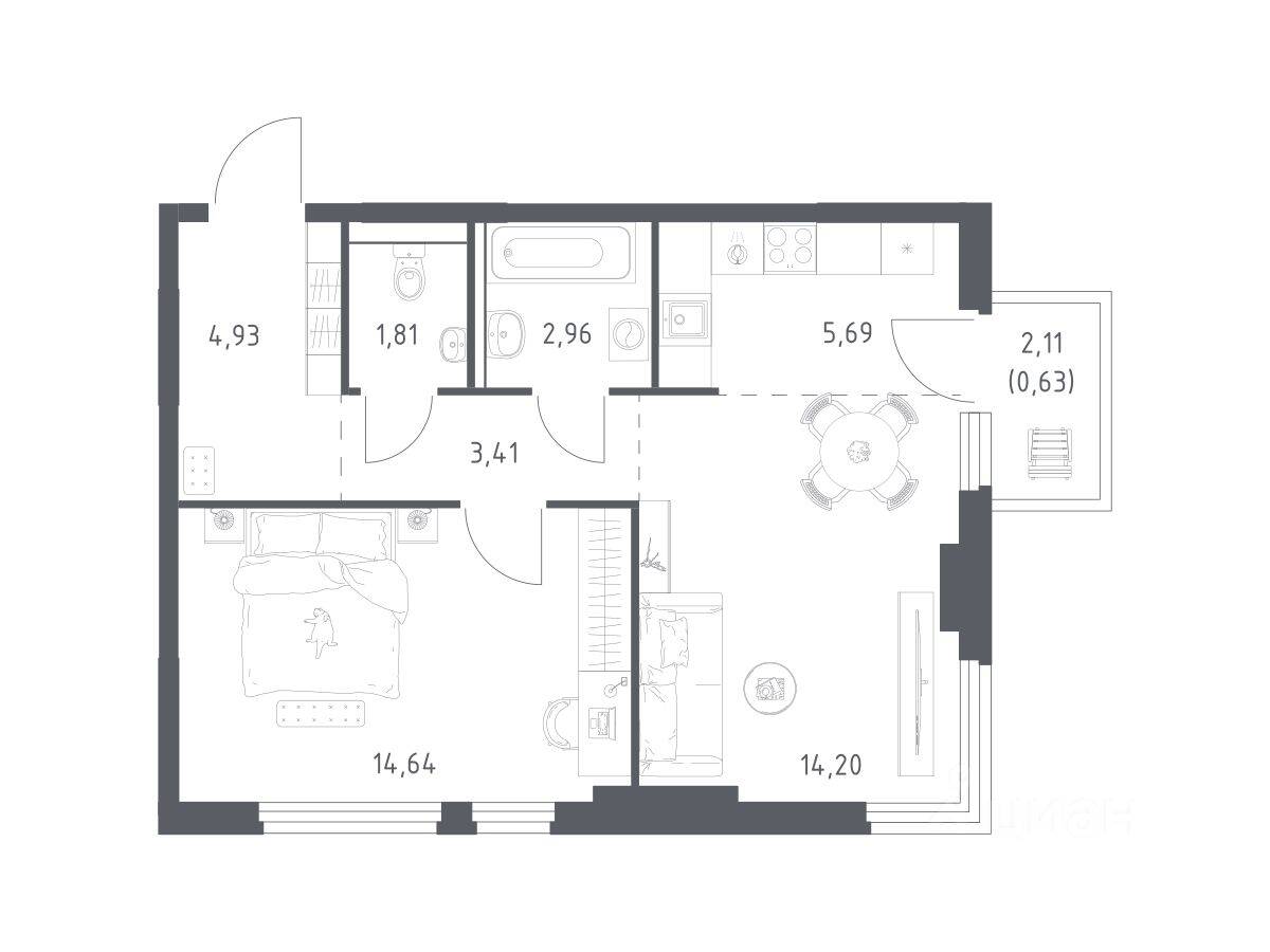 1-комн. квартира, 48,27 м², в ЖК «Пригород Лесное»